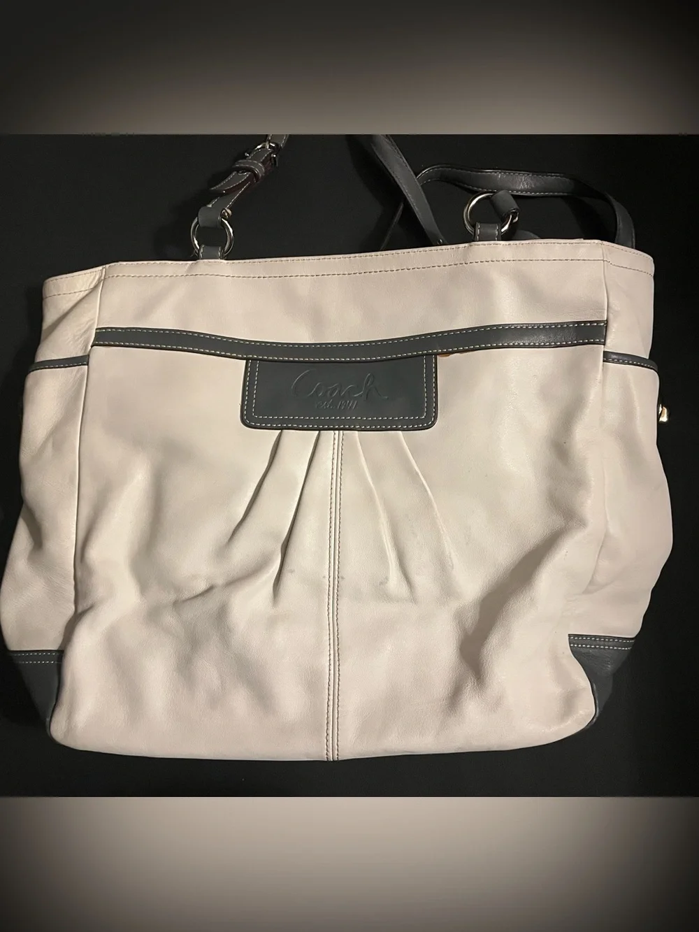 Coach Two-Tone Leather Tote - Cream and Black Trim